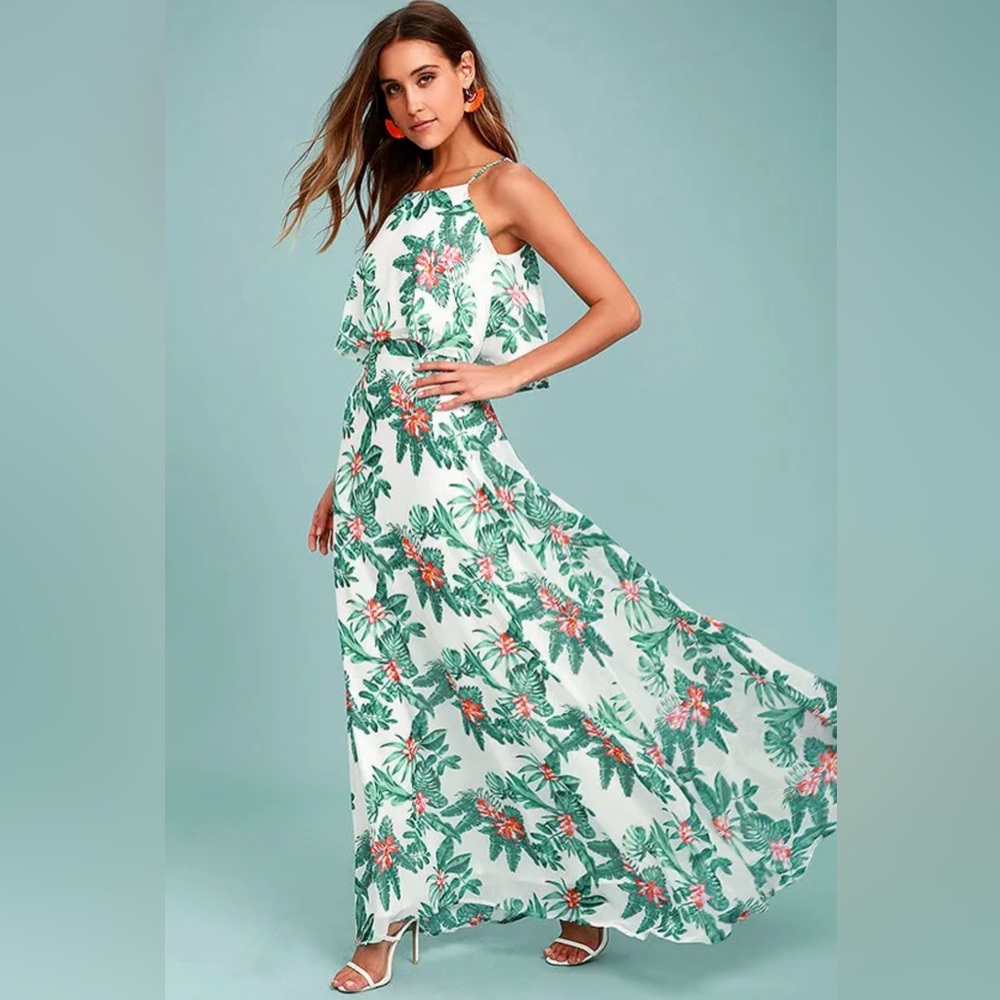 Lulu's Evadne Two Piece Teal and Coral Tropical Floral Maxi Dress Size S